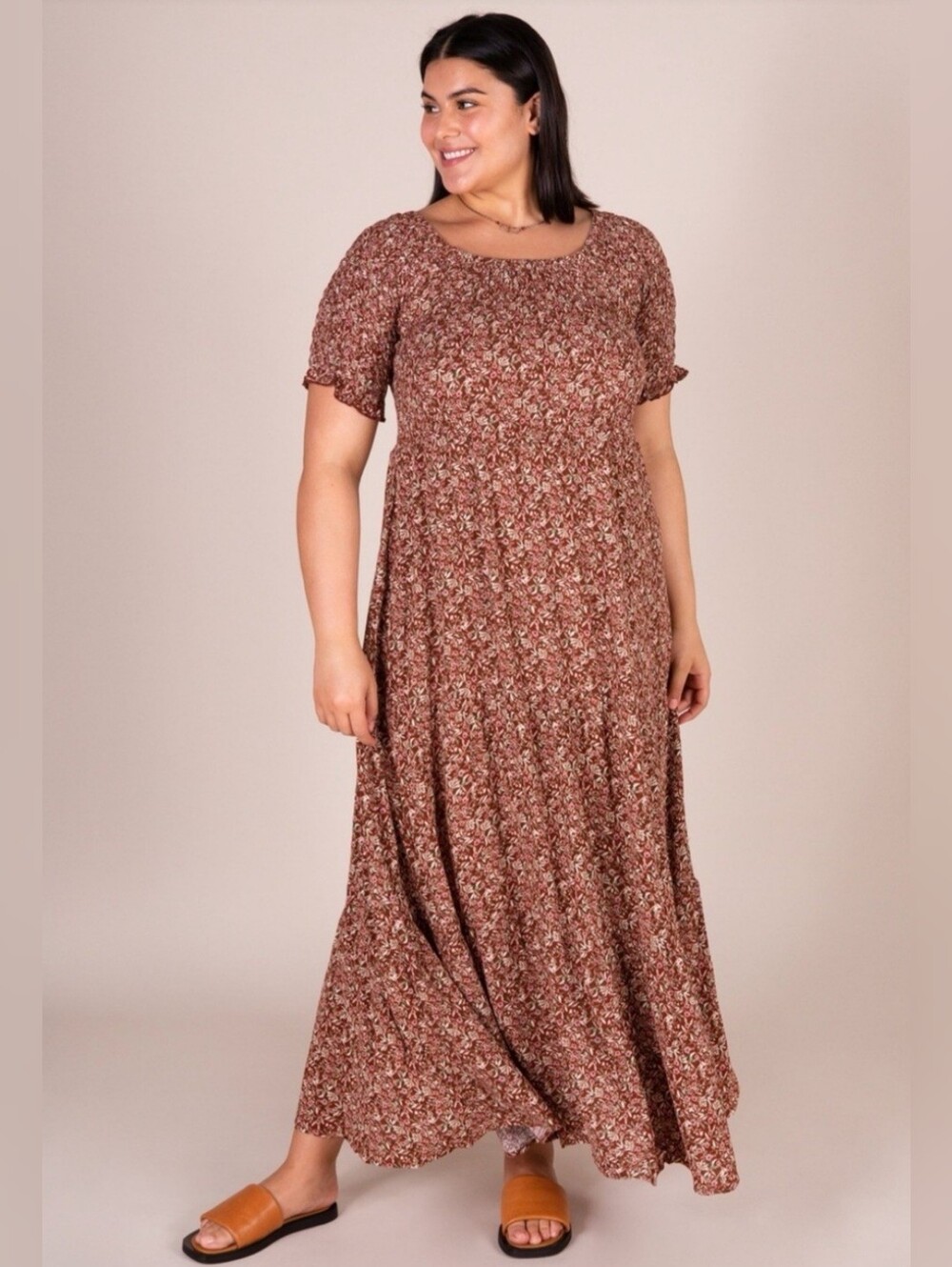 Natural Life Prairie-inspired Rust Floral Smocked Maxi Boho Dress, Size XL